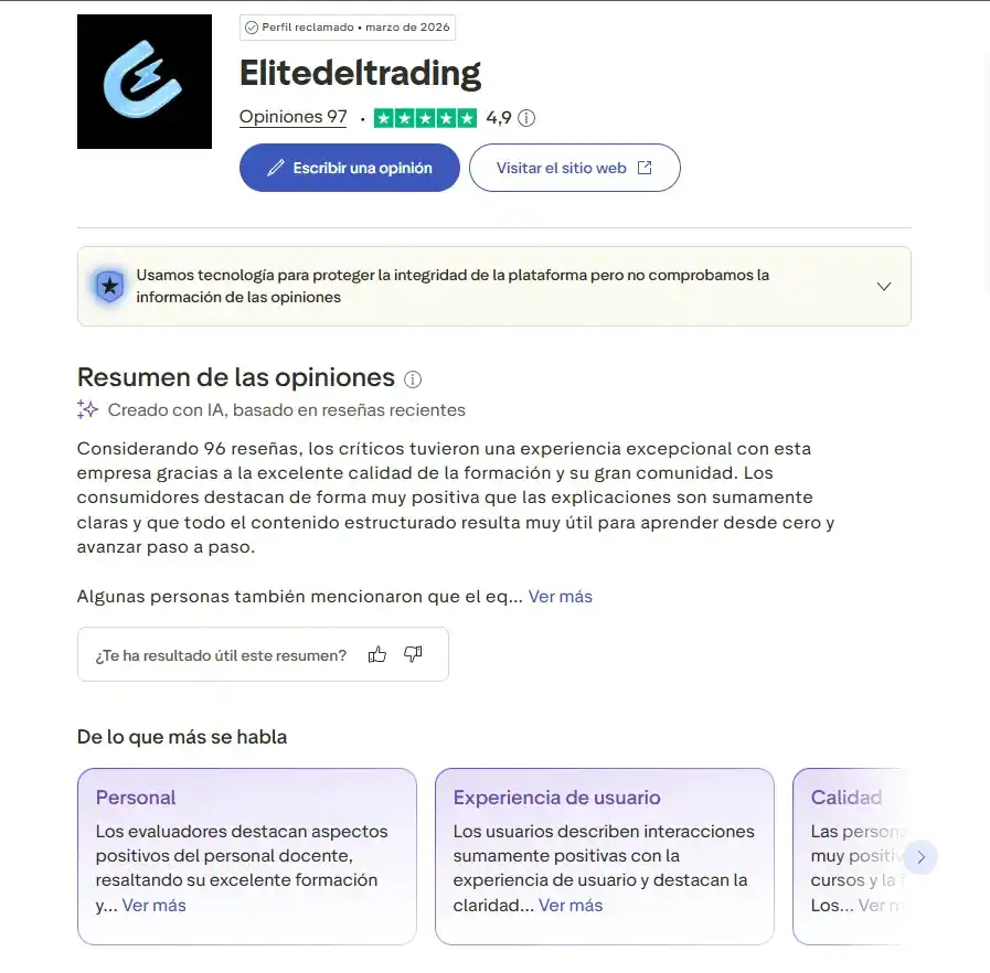 Reseñas de alumnos de Élite del Trading en Trustpilot Título: Reseñas