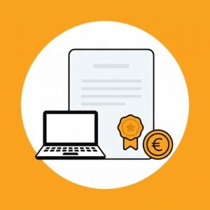 Ilustración de un documento con sello oficial, un portátil y una moneda de euro: la compra de Letras del Tesoro se hace por trámite